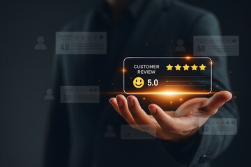 Businessman holding glowing customer review hologram with 5 star rating for excellent service and brand reputation concept
