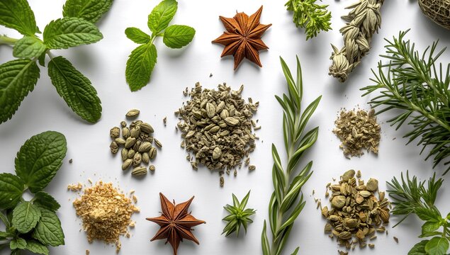 Herbs and spices gathered on a white surface, showcasing their aromatic qualities