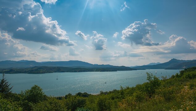 Lake Sevan under a summer sky, a serene natural landscape with travel potential, seasonal change