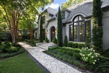 Fototapeta premium Stunning exterior of a modern house with landscaped garden featuring stone pathway, manicured hedges, and blooming flowers on a sunny day in spring