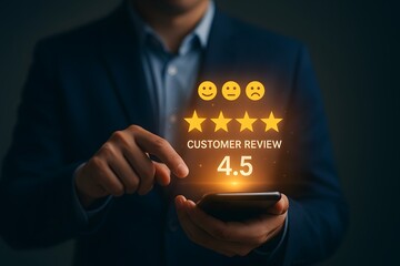 Businessman using smartphone to rate customer review with glowing 4.5 star hologram in digital technology concept
