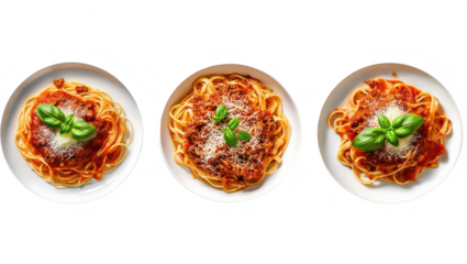 Three servings of spaghetti bolognese with meat sauce, fresh basil, grated parmesan cheese, top view, isolated on transparent background. Italian pasta cuisine variations