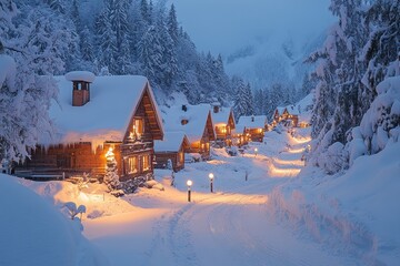 Fototapeta premium Winter village glows warmly under fresh snow on a peaceful evening