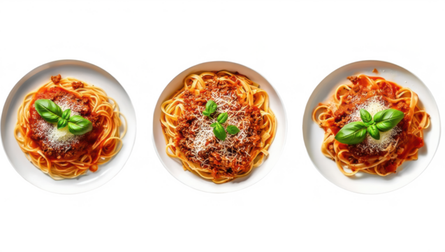 Three servings of spaghetti bolognese with meat sauce, fresh basil, grated parmesan cheese, top view, isolated on transparent background. Italian pasta cuisine variations