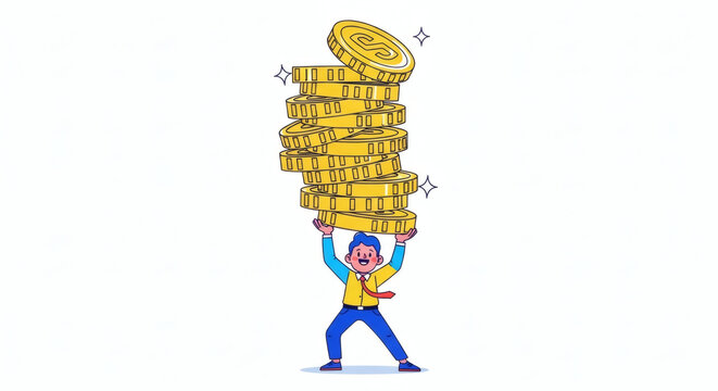 Determined businessman triumphantly lifts a towering stack of shiny gold coins, symbolizing financial success, wealth accumulation, and the rewarding effort of prosperity