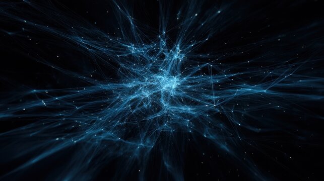 Abstract blue swirling lines and particles in dark cosmic space representing digital connections and technological progress in a modern universe