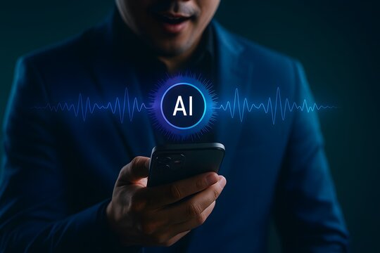 Business professional using smartphone with AI voice assistant interface and digital sound wave technology concept
