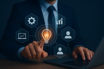 Futuristic Business Technology Concept with Professional Using Virtual Data Interface
