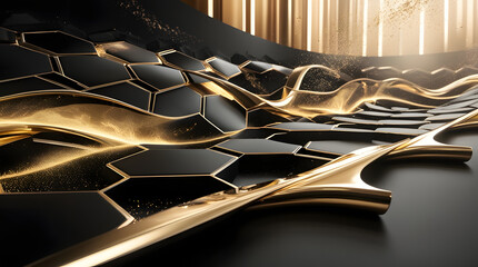 Ultra-Luxury Black and Gold Geometric Energy Flow – 16K HDR Futuristic Background