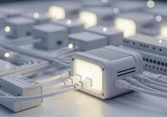 close-up of a white network hub device connected by multiple cables in a data center