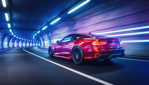 Red Sports Car Speeding Through Futuristic Tunnel — Motion Blur, Neon Lights, Fast Driving Concept, Modern Automotive Design