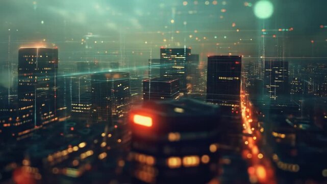 Vibrant futuristic city skyline at night with abstract digital network grid connecting urban buildings, representing global data technology. - Powered by Adobe