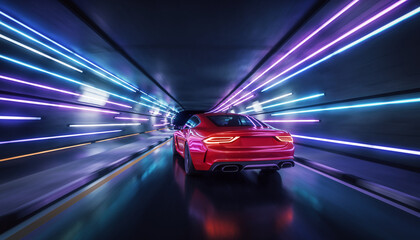 Red Sports Car Speeding Through Futuristic Tunnel — Motion Blur, Neon Lights, Fast Driving Concept, Modern Automotive Design