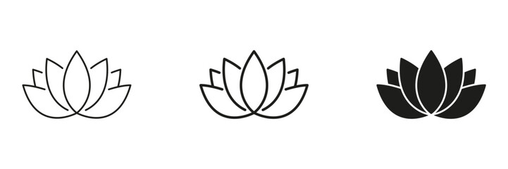 Lotus Flower In Line, Outline, And Glyph Icon Set. Serenity, Purity, And Spiritual Growth Symbol Collection. Ideal For Wellness, Meditation, And Holistic Practices. Isolated Vector Illustration
