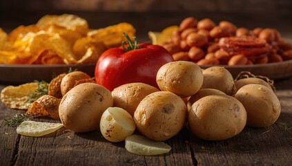 Fresh potatoes accompanied by potato chips, fiber-dense choice