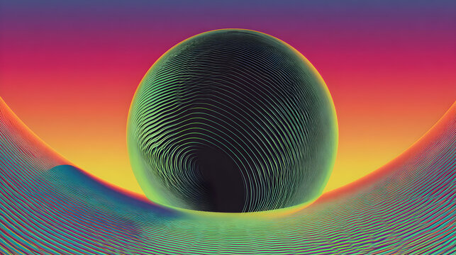 Abstract swirling orb and wavy landscape in vibrant neon gradient sunset sky, futuristic digital art for modern design.