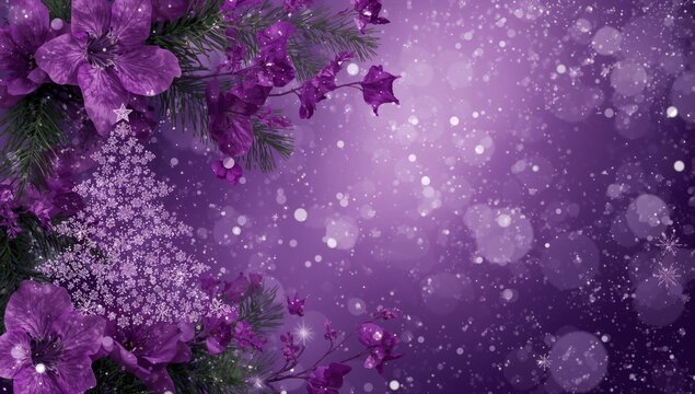 Enchanting holiday theme with purple floral elements and sparkling snowflakes, ideal for festive card designs and winter sale promotions