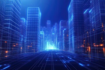Futuristic digital cityscape with wireframe skyscrapers and glowing neon blue lines converging toward a bright light in the distance, evoking innovation and technology