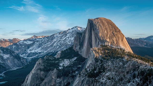Granite cliff with snow-capped hills and trees behind, showcasing seasonal change
