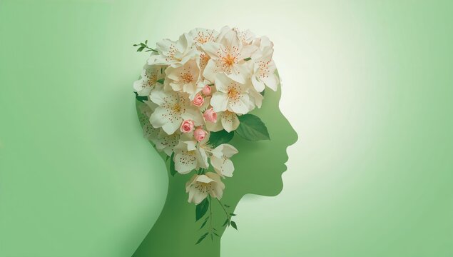 Human head silhouette adorned with white and pink blossoms against a green backdrop, promoting mental well-being, World Mental Health Day