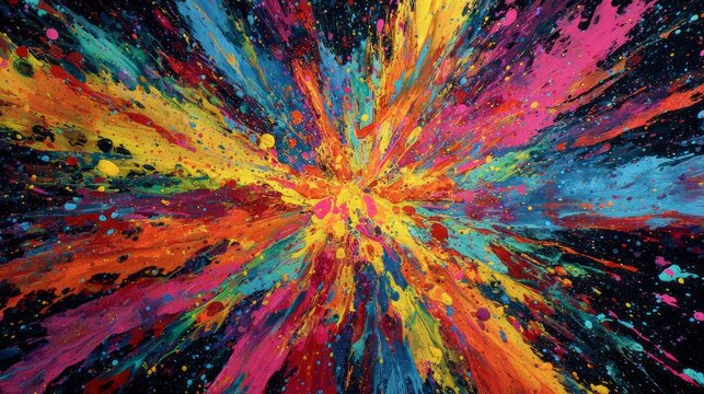 Vibrant paint explosion bursting with color and energy, kaleidoscopic splatter of bright acrylic paints symbolizing creativity, passion, and dynamic artistic expression in abstract motion