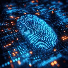 Glowing blue digital fingerprint displayed on a circuit board with bright orange data points symbolizing cybersecurity and technology identity verification