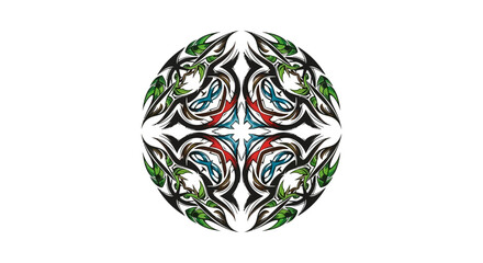 Intricate decorative design with botanical elements and symmetrical form resembling a tribal