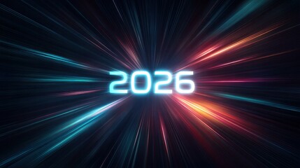 Bright Light Burst Representing New Year 2026 in Futuristic Digital Style, Surrounded by Colorful Speed Rays and Vibrant Energy Effects