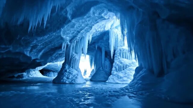 Stunning Ice Cave Formations with Icicles and Frozen Water.