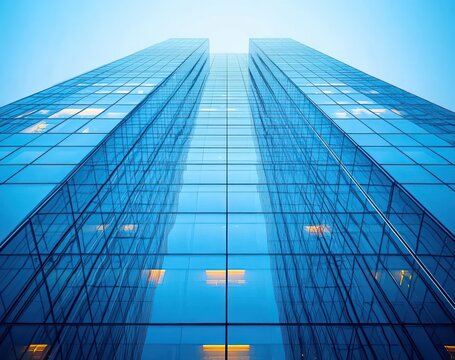 Looking up at a modern glass skyscraper with reflective blue windows against a clear sky, showcasing sleek architecture and illuminated interior lights
