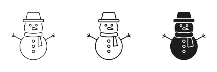 Snowman With Hat And Scarf In Line, Outline, And Glyph Icon Set. Winter Holiday And Festive Season Symbol Collection. Christmas Decoration And Celebration. Isolated Vector Illustration