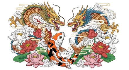 Symbolic illustration featuring two majestic dragons facing a koi fish surrounded by lotuses
