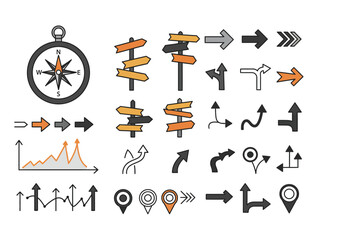 Collection of directional icons including compass signposts arrows and graph
