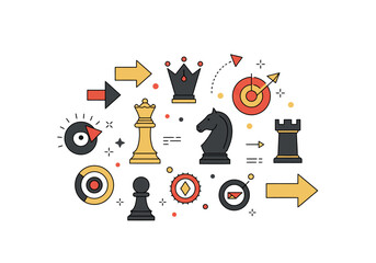 Flat design chess pieces targets arrows and compasses