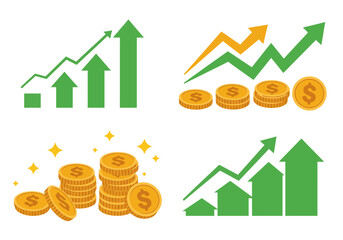 Four graphic illustrations depicting financial growth