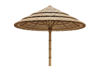Traditional thatched umbrella with wooden pole isolated on transparent background