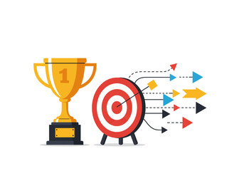 Golden trophy beside a dartboard with colorful arrows and dashed lines