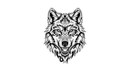 Monochromatic portrayal of a meticulously detailed wolf head with striking tribal patterns