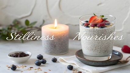 Delicious chia pudding dessert with lit candle and fresh berries