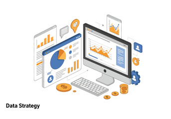 Isometric illustration of computer monitors displaying charts and graphs keyboard coins and icons