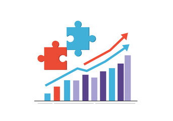 Jigsaw puzzle pieces atop a bar graph with upward arrows