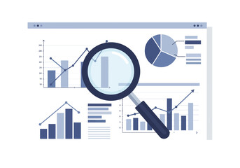 Magnifying glass over business charts and graphs