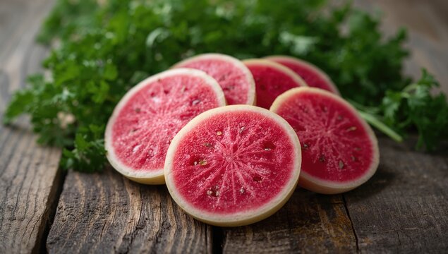 Wooden surface adorned with thin pink radish slices alongside fresh parsley and dill, focused detail