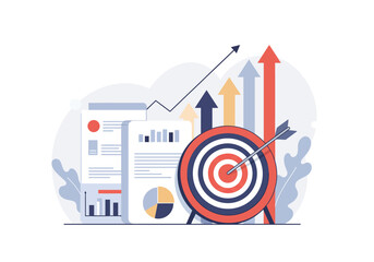 Target hit with arrow amidst upward trending graphs and charts