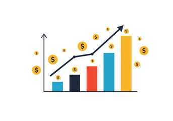 Upward trending bar chart with dollar coins and line graph