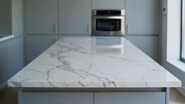 Minimalist kitchen design featuring marble table top and subtle blurred background interior