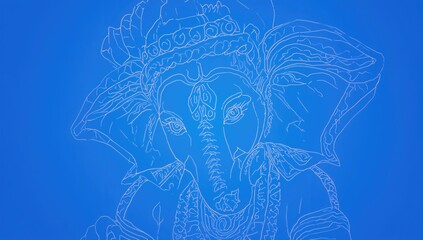 Line drawing of Bal Ganesha on a blue background, artistic representation, spiritual significance