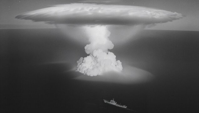 Operation Crossroads BAKER test, underwater explosion creates condensation cloud and air shock wave over water, historical event