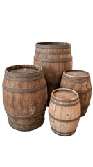 Obraz premium Weathered wooden barrels of varying sizes create an artistic backdrop against a clean white background