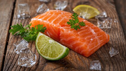 Fresh salmon, avocado, lime, and parsley on a rustic wooden surface, protein-rich meal